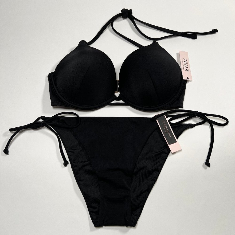 Victoria Secret 36DD L Bombshell Push Up Bikini Top Side Tie Bottom Set Black